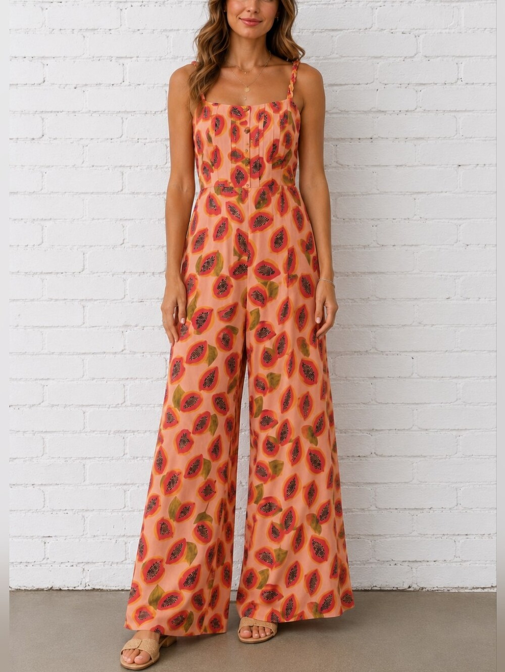 Icone Par Simons Papaya Print Wide Leg Jumpsuit Tropical XL